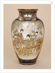 A large Kinkozan vase depicting a lady playing a koto with ladies and children beneath a wisteria by Anonymous
