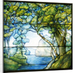 Tiffany Studios leaded glass landscape window depicting a passage to the sea by Anonymous