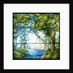 Tiffany Studios leaded glass landscape window depicting a passage to the sea by Anonymous