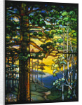 Tiffany Studios landscape window depicting a meandering stream shaded by towering fir trees by Anonymous