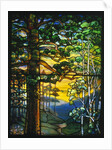 Tiffany Studios landscape window depicting a meandering stream shaded by towering fir trees by Anonymous