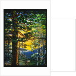 Tiffany Studios landscape window depicting a meandering stream shaded by towering fir trees by Anonymous
