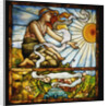 Tiffany Studios leaded and plate glass window depicting a young woman kneeling before the rising sun by Anonymous