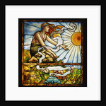 Tiffany Studios leaded and plate glass window depicting a young woman kneeling before the rising sun by Anonymous