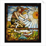 Tiffany Studios leaded and plate glass window depicting a young woman kneeling before the rising sun by Anonymous