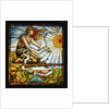 Tiffany Studios leaded and plate glass window depicting a young woman kneeling before the rising sun by Anonymous