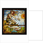 Tiffany Studios leaded and plate glass window depicting a young woman kneeling before the rising sun by Anonymous