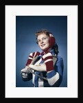 1960s Smiling Woman Wearing Red Mittens Ear Muff Blue Sweater Holding Ice Skates by Anonymous