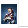 1960s Smiling Woman Wearing Red Mittens Ear Muff Blue Sweater Holding Ice Skates by Anonymous