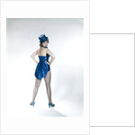 1960s Woman Looking Over Shoulder Wear Dance Costume Blue Sequined Top Hat Silk Tails Fishnet Seamed Stockings Looking At Camera by Anonymous