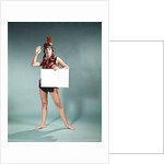 1960s 1970s Character Woman Wearing Native American Feather Headdress Making How Gesture Holding Blank Sign Looking At Camera by Anonymous