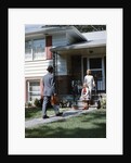 1950s Mother Daughter Waiting Steps House For Father Briefcase Coming Home Suburban Family Man Woman Girl Retro by Anonymous