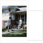 1950s Mother Daughter Waiting Steps House For Father Briefcase Coming Home Suburban Family Man Woman Girl Retro by Anonymous