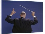 1950s 1960s 1970s View Of Back Of Bald Man Conducting A Symphony Orchestra by Anonymous