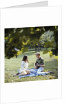 1960 1960s 1970 1970s Retro Smiling Couple Man Woman Sitting On Blanket On Grass Park Man Playing Acoustic Guitar by Anonymous