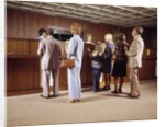 1970s Men Women Children Waiting In A Line In Bank For A Teller by Anonymous