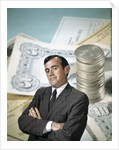 1960s Businessman Facial Expression Background Money Checks Coins Finance Banking Business Retro by Anonymous