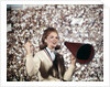 1960s Female Cheerleader Cheering Red Megaphone Wearing Sweater by Anonymous