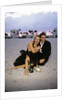 1990s Laughing Couple Man Woman In Formal Wear Sitting Hugging On Beach by Anonymous