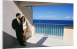 1990s Man In Dark Suit And Tie And Woman In White One Piece Bathing Suit Standing Together On Ocean Side Sun Deck by Anonymous
