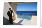 1990s Man In Dark Suit And Tie And Woman In White One Piece Bathing Suit Standing Together On Ocean Side Sun Deck by Anonymous