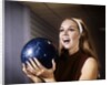 1960s Smiling Laughing Woman Holding Bowling Ball Retro by Anonymous