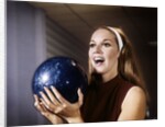 1960s Smiling Laughing Woman Holding Bowling Ball Retro by Anonymous