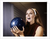 1960s Smiling Laughing Woman Holding Bowling Ball Retro by Anonymous
