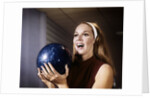 1960s Smiling Laughing Woman Holding Bowling Ball Retro by Anonymous
