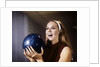 1960s Smiling Laughing Woman Holding Bowling Ball Retro by Anonymous