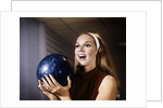 1960s Smiling Laughing Woman Holding Bowling Ball Retro by Anonymous