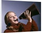 1960s Portrait Teen Cheerleader Girl Shouting Into Megaphone by Anonymous