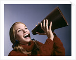 1960s Portrait Teen Cheerleader Girl Shouting Into Megaphone by Anonymous