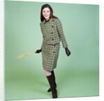 1960s Young Woman Modeling Green Wool Knit Two Piece Suit Fishnet Stockings Boots Full Length Clothes Retro by Anonymous