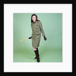 1960s Young Woman Modeling Green Wool Knit Two Piece Suit Fishnet Stockings Boots Full Length Clothes Retro by Anonymous