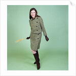 1960s Young Woman Modeling Green Wool Knit Two Piece Suit Fishnet Stockings Boots Full Length Clothes Retro by Anonymous