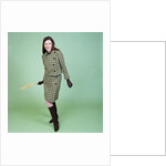 1960s Young Woman Modeling Green Wool Knit Two Piece Suit Fishnet Stockings Boots Full Length Clothes Retro by Anonymous