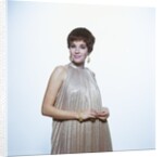 1960s Young Woman Wear Pleated Metallic Dress Pixie Hair Earrings Bracelet Retro by Anonymous