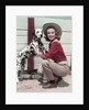 1940s 1950s Smiling Woman Wearing Western Cowgirl Outfit Kneeling Petting Dalmatian Dog by Anonymous