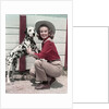 1940s 1950s Smiling Woman Wearing Western Cowgirl Outfit Kneeling Petting Dalmatian Dog by Anonymous
