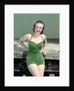 1940s Portrait Smiling Woman Wearing Green Velvet Bathing Suit Posing Leaning On Diving Board by Anonymous