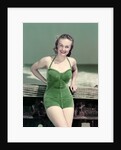 1940s Portrait Smiling Woman Wearing Green Velvet Bathing Suit Posing Leaning On Diving Board by Anonymous