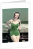 1940s Portrait Smiling Woman Wearing Green Velvet Bathing Suit Posing Leaning On Diving Board by Anonymous