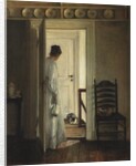 Woman giving cat milk by Anonymous