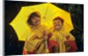 1990s Two Laughing Young Girls Holding A Yellow Umbrella And Wearing Yellow Rain Ponchos by Anonymous