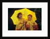 1990s Two Laughing Young Girls Holding A Yellow Umbrella And Wearing Yellow Rain Ponchos by Anonymous