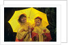 1990s Two Laughing Young Girls Holding A Yellow Umbrella And Wearing Yellow Rain Ponchos by Anonymous