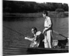 1930s Man Father Teenage Boy Son Dog In Row Boat Fishing In Pond by Anonymous