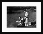 1930s Man Father Teenage Boy Son Dog In Row Boat Fishing In Pond by Anonymous