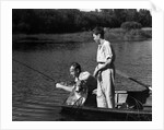 1930s Man Father Teenage Boy Son Dog In Row Boat Fishing In Pond by Anonymous